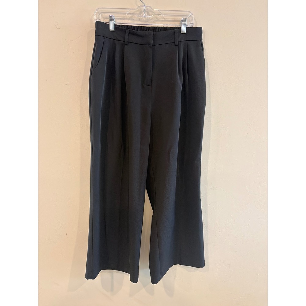 FUNYYZO Women Black High Waisted Wide Leg Pleated Trousers Size Large Short